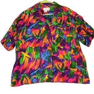 Vintage 80s Abstract Tropical Colorful Print Silk Oversized Lightweight Shirt‎ L